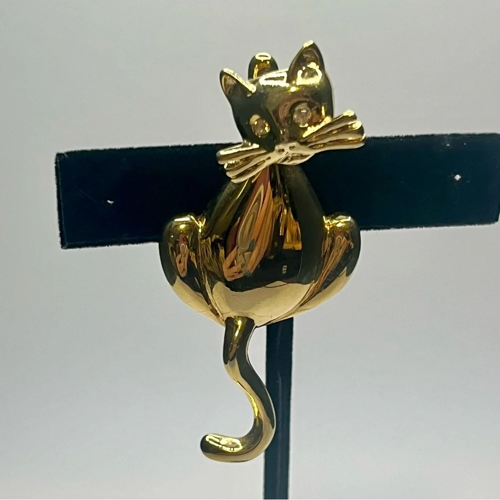 vintage gold tone trembling cat brooch signed CMJENT - Picture 3 of 7